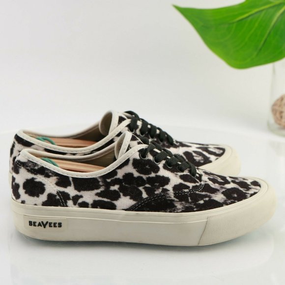 SeaVees for J Crew Women Legend Sneaker Size 7.5 Black White Leopard Animal - Picture 4 of 12
